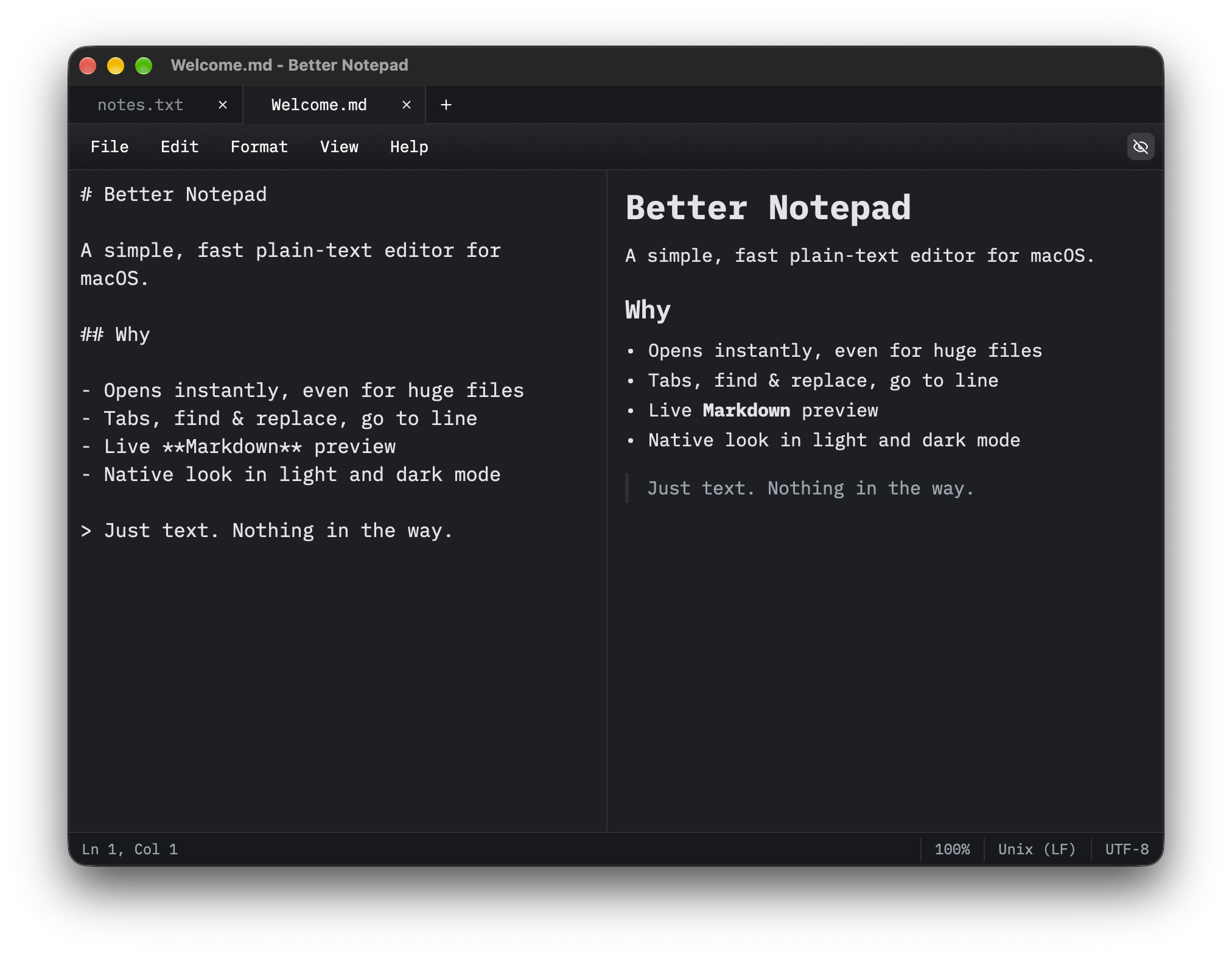 Notey editing a Markdown file with live preview